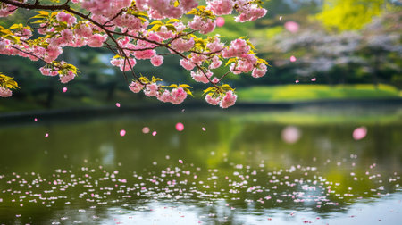 Soft pink cherry blossoms gently sway above a tranquil pond, creating a serene reflection on the water's surface. A perfect spring scene.の素材