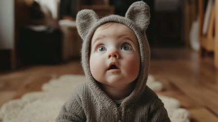 Adorable baby in a cozy bear hoodie gazes with wide eyes, capturing a moment of pure innocence and wonder in a warm home setting.の素材