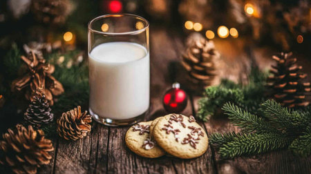 A cozy holiday scene featuring a glass of milk and decorated cookies on a rustic wooden table, surrounded by pine cones and soft lights. Perfect for festive moments.の素材