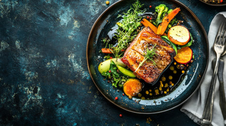 A beautifully presented gourmet dish featuring tender salmon, vibrant vegetables, and a rich sauce, perfect for a high-end dining experience.の素材