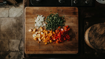 A top-view image showcasing vibrant chopped vegetables on a wooden cutting board, perfect for culinary inspiration and healthy meal preparation.の素材