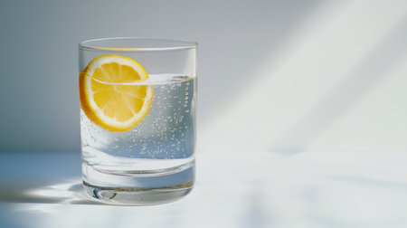 A refreshing glass of sparkling water featuring a slice of lemon, capturing the essence of hydration and summer vibes in a minimalist style.の素材