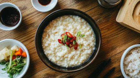 A close-up of creamy rice porridge garnished with fresh herbs and chili, presented in a dark bowl on a rustic wooden table, ideal for a wholesome meal.の素材