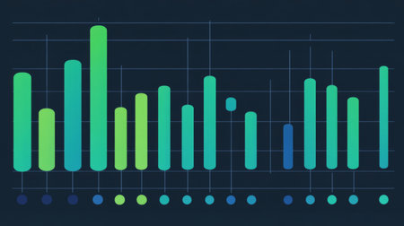 This vibrant data visualization features colorful bar graphs, representing various metrics and statistics, ideal for presentations and reports in business and technology.の素材