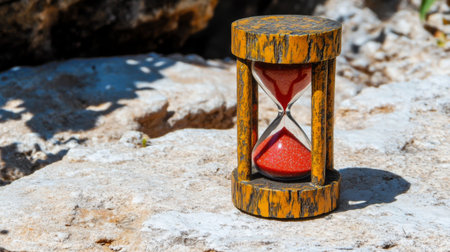 A vintage hourglass rests on a rocky surface, featuring red sand. This timeless piece symbolizes the passage of time and offers a rustic aesthetic.の素材