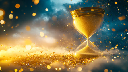 A mesmerizing golden hourglass surrounded by sparkling sand particles, set against a dreamy backdrop, symbolizes the passage of time and beauty.の素材