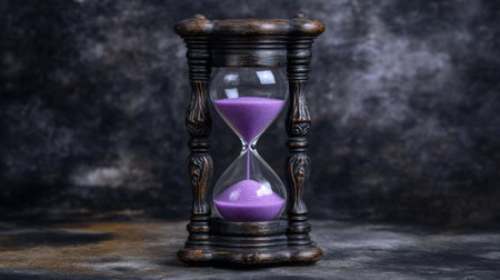 A vintage hourglass with purple sand sits elegantly on a textured surface, symbolizing the passage of time and the beauty of fleeting moments.の素材