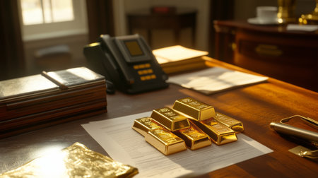 A stunning display of gold bars resting on a desk in a refined office setting, symbolizing wealth and investment opportunities in a professional environment.の素材