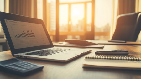 A modern workspace showcasing a laptop displaying financial graphs, along with a calculator and notebook, illuminated by warm sunlight. Ideal for business-related themes.の素材