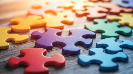 A vibrant collection of colorful puzzle pieces scattered on a wooden surface, representing creativity and challenge in a playful and fun setting.の素材
