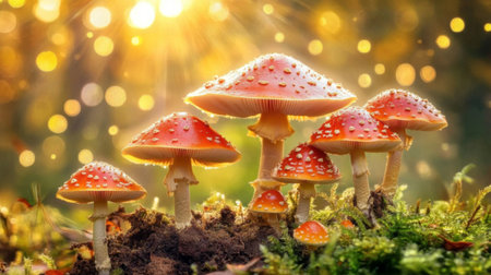 A stunning cluster of vibrant red mushrooms covered in droplets, set against a sunlit forest background with soft bokeh, evoking a magical outdoor experience.の素材