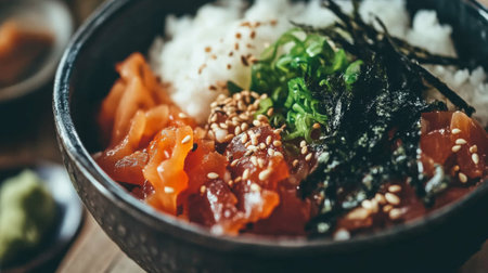 A vibrant sashimi bowl featuring fresh fish, rice, and toppings, ideal for food lovers and culinary enthusiasts. Perfect for healthy dining options.の素材