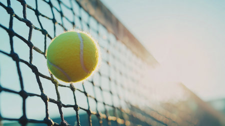 A vibrant tennis ball striking the net under the warm glow of sunset. This image captures the energy and excitement of outdoor sports in a picturesque setting.の素材