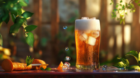 A tall glass of cold beer filled with ice and bubbles, set in a sunny outdoor environment. Perfect for summer gatherings and relaxation.の素材