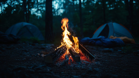 A serene campfire burning brightly in a forest setting, surrounded by tents at night. Perfect for showcasing outdoor adventure and camping themes.の素材