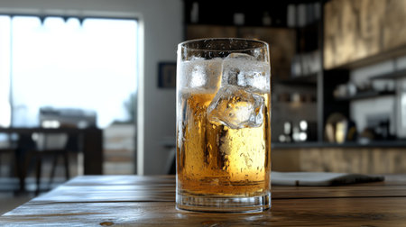 A refreshing glass of ice-cold beverage sits on a wooden table, showcasing a golden drink with condensation. Perfect for a modern kitchen or bar setting.の素材