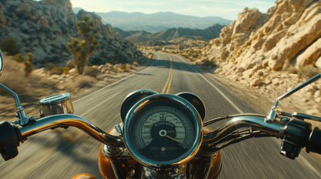 Experience the thrill of a scenic motorcycle ride through a stunning desert landscape, capturing freedom and adventure on an open road.の素材