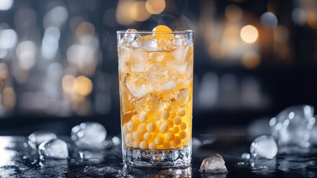 A vibrant cocktail with ice served in a glass, featuring a bright yellow hue. The blurred background enhances the inviting, refreshing nature of this drink.の素材