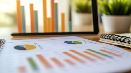 A close-up view of financial reports with colorful charts and graphs on a desk, showcasing data analysis in a modern workspace environment.の素材