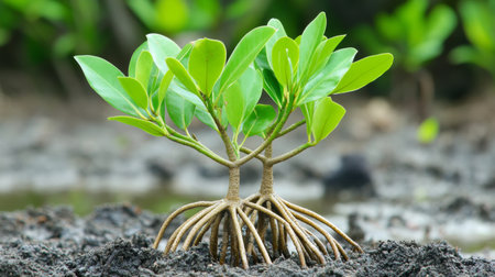 Two young mangrove trees emerging from the soil showcase vibrant green leaves and intricate roots, highlighting a thriving ecosystem in a natural setting.の素材