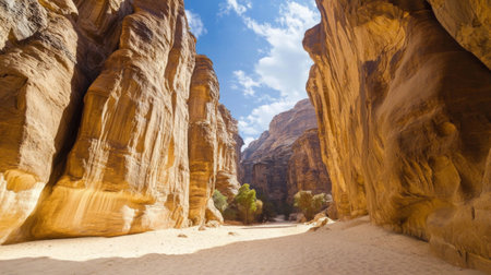 Explore a stunning canyon landscape featuring majestic rock formations, golden sand, and a vibrant blue sky, perfect for nature enthusiasts and adventurers.の素材