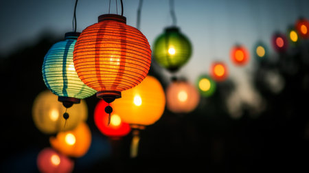 This image features colorful lanterns hanging in an outdoor setting, casting a warm glow. Ideal for themes of celebration, relaxation, and ambiance.の素材