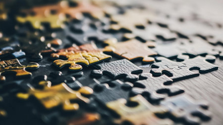 A close-up view of colorful puzzle pieces scattered on a dark wooden surface, highlighting the intricate details and textures of each piece, ideal for creativity and leisure themes.の素材