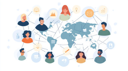 Colorful illustration depicting a global network of people communicating and collaborating, showcasing technology and diversity in modern interactions.の素材