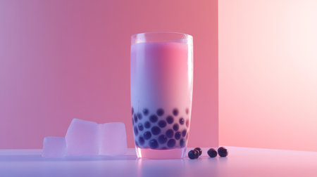 A vibrant glass of bubble tea features layers of pink and white, served with tapioca pearls. Ice cubes add freshness to this modern beverage.の素材