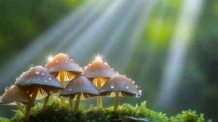 Captivating close-up of dewy mushrooms illuminated by soft sunlight, creating a serene and magical atmosphere in a lush forest setting.の素材