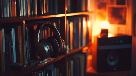 A cozy reading nook featuring headphones on a bookshelf, warm lighting, and a sound system, perfect for relaxation and enjoying music while reading.の素材