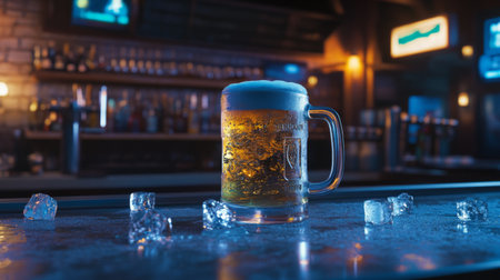 A cold glass of beer sits on a bar counter, surrounded by ice cubes. The warm glow of the bar lights enhances the inviting atmosphere perfect for relaxation and enjoyment.の素材