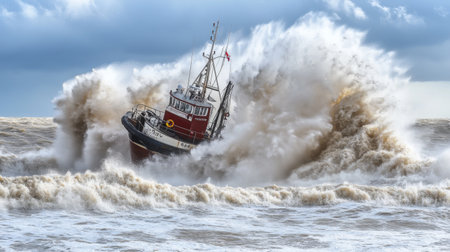 A struggling tugboat is caught in turbulent waves, showcasing the raw power of nature as it battles against stormy sea conditions.の素材