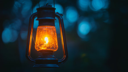 A vintage lantern gently glows in the dark, casting a warm amber light. This charming piece evokes nostalgia and tranquility in outdoor settings.の素材