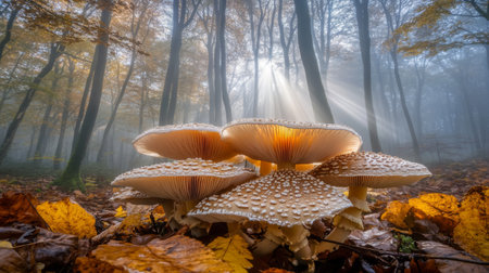 A captivating scene of mushrooms emerging in a foggy autumn forest, with soft sunlight filtering through the misty trees. Perfect for nature lovers.の素材