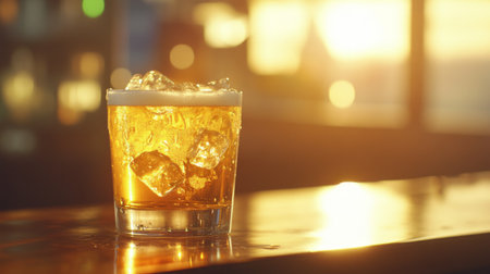 A vibrant golden drink served in a clear glass with ice cubes. The warm sunlight creates a beautiful atmosphere, perfect for relaxation and enjoyment.の素材