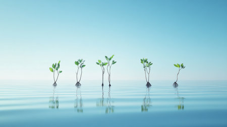 A serene image of young green plants emerging from calm water, reflecting tranquility and the beauty of nature's growth. Perfect for themes of sustainability and renewal.の素材