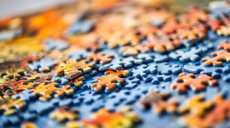 A close-up view of colorful puzzle pieces scattered on a tabletop, showcasing intricate details and vibrant hues ideal for leisure and creativity themes.の素材