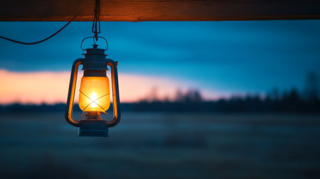 A rustic lantern emits a warm glow against a serene dusk landscape, creating a tranquil ambiance that evokes feelings of nostalgia and peace.の素材