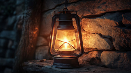 A vintage lantern emits a warm glow, nestled against a textured stone wall, creating a cozy and inviting atmosphere perfect for rustic decor.の素材