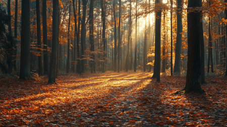 A serene autumn forest scene showcasing sunlight beams filtering through towering trees. The ground is covered with vibrant orange and yellow leaves, creating a peaceful atmosphere.の素材