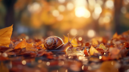 A close-up of a snail moving over wet leaves during a serene autumn sunset, showcasing the vibrant colors and tranquil atmosphere of nature.の素材