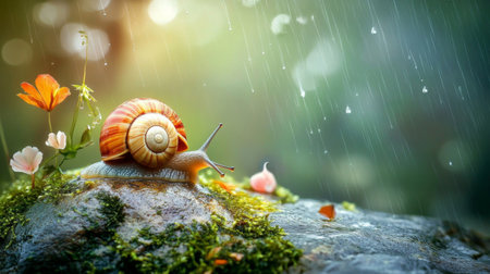 A beautiful close-up of a snail on a rock surrounded by vibrant flowers and greenery, gently wet by falling rain, creating a serene and tranquil atmosphere.の素材