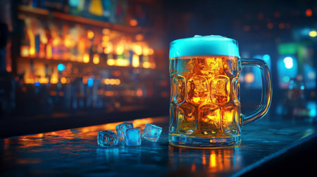 A frothy beer mug sits on a bar counter, surrounded by vibrant lights, evoking a lively atmosphere perfect for evenings out with friends.の素材