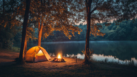 Enjoy a serene camping scene with a cozy tent beside a calm lake, illuminated by a warm campfire under the enchanting evening sky.の素材