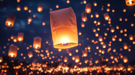 Enchanting scene of floating lanterns illuminating the night sky during a festive celebration, creating a magical atmosphere filled with light and serenity.の素材