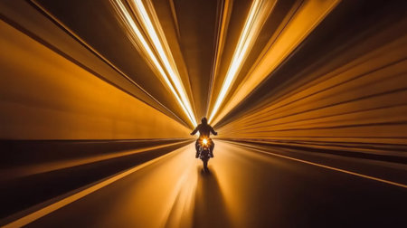 A striking image capturing a motorcycle rider in an illuminated tunnel, emphasizing the sensation of speed and motion in a dynamic urban environment.の素材