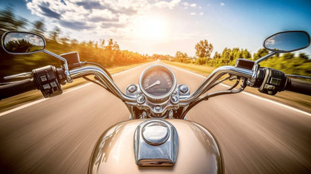 Experience the thrill of riding a motorcycle into the sunset, capturing the excitement and freedom of the open road, with beautiful scenery surrounding.の素材
