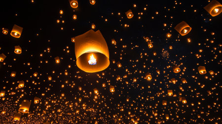 Captivating floating lanterns brighten a night sky, creating a magical atmosphere during a festive celebration. A perfect moment of tranquility and beauty.の素材