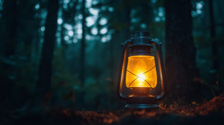 A vintage lantern emits a warm glow in a dark forest, creating a tranquil ambiance perfect for outdoor adventures or peaceful solitude in nature.の素材